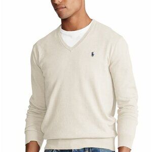 NEW Polo Ralph Lauren Pima Cotton Sweater!  Creme With Navy Polo Player  V Neck